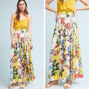 Anthropologie Rococo Sand Aprile Yellow Floral Pleated Maxi Skirt Size 6